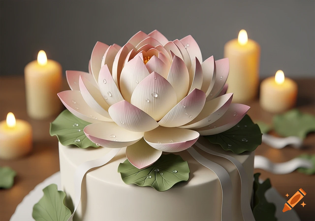 A close-up of a white cake with a detailed pink and white lotus flower topper, featuring water droplets and soft-focus lit candles.