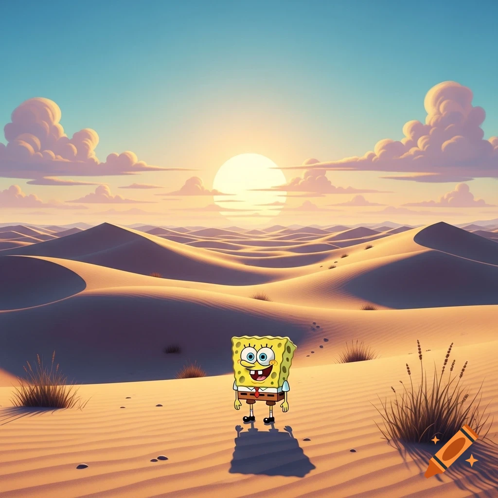 SpongeBob stands alone in a vast desert landscape under a warm sunset sky.