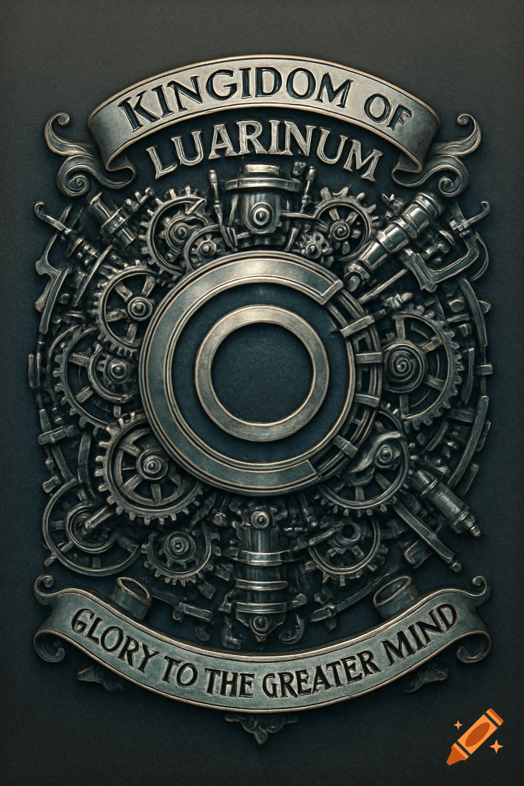 Intricate metallic steampunk crest with gears and pipes, displaying 'KINGDOM OF LUARINUM' and 'GLORY TO THE GREATER MIND'.