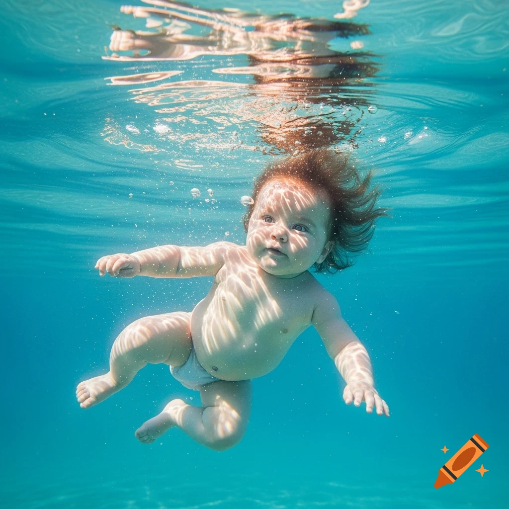 A red-haired baby with a diaper floats serenely underwater in clear blue water, light rays reflecting on their skin.