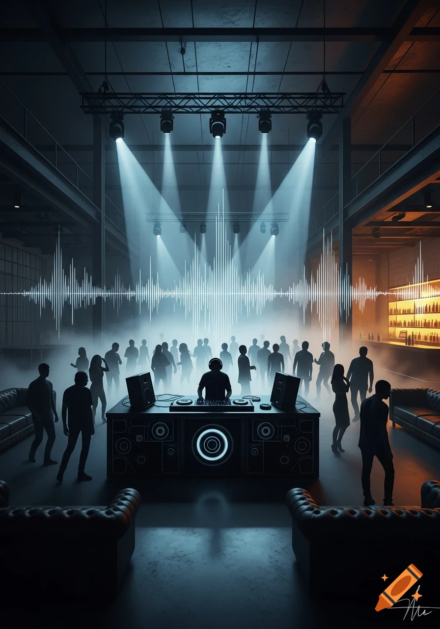 A DJ plays for a silhouetted crowd in a dark, foggy club with blue spotlights and glowing sound wave visuals.