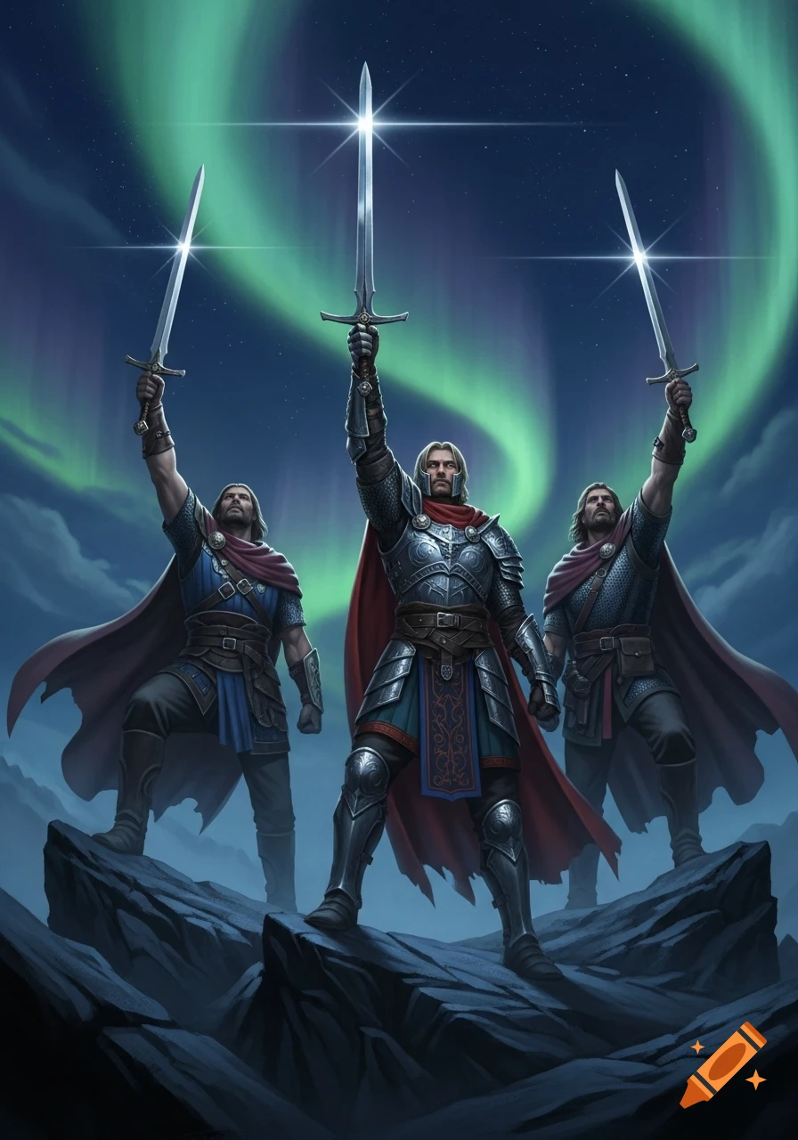 Three armored knights stand on a rocky peak, raising their glowing swords towards a starry sky with a vibrant green aurora.