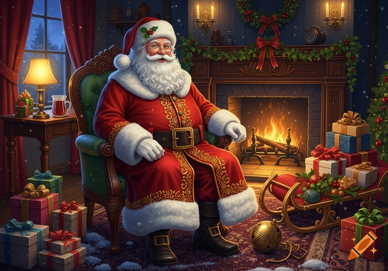 Santa Claus sits in a green armchair by a crackling fireplace in a cozy, snow-dusted room filled with Christmas presents.