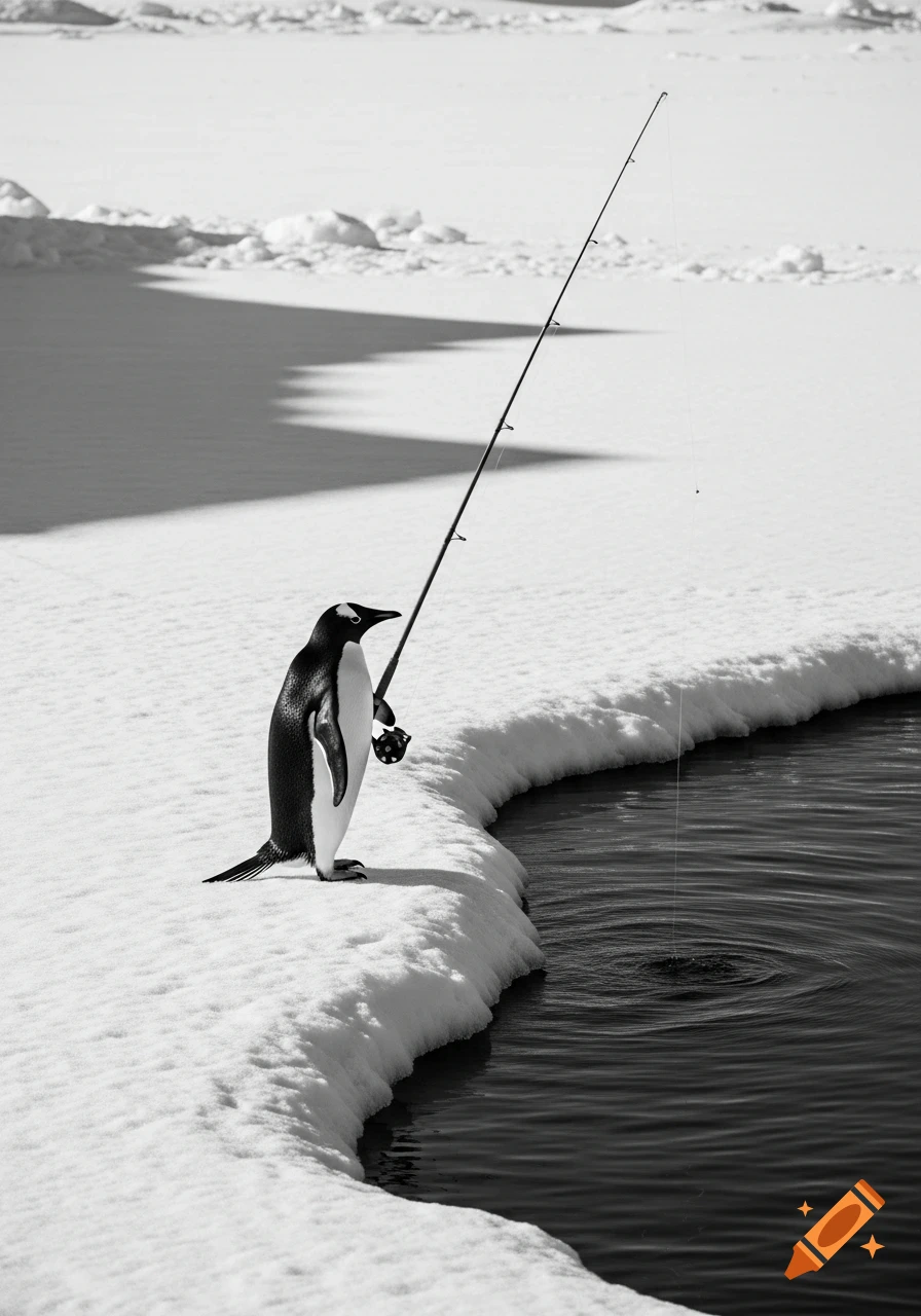 A photorealistic black and white image of a penguin standing on an icy shore, holding a fishing rod in its wing and fishing in the water.