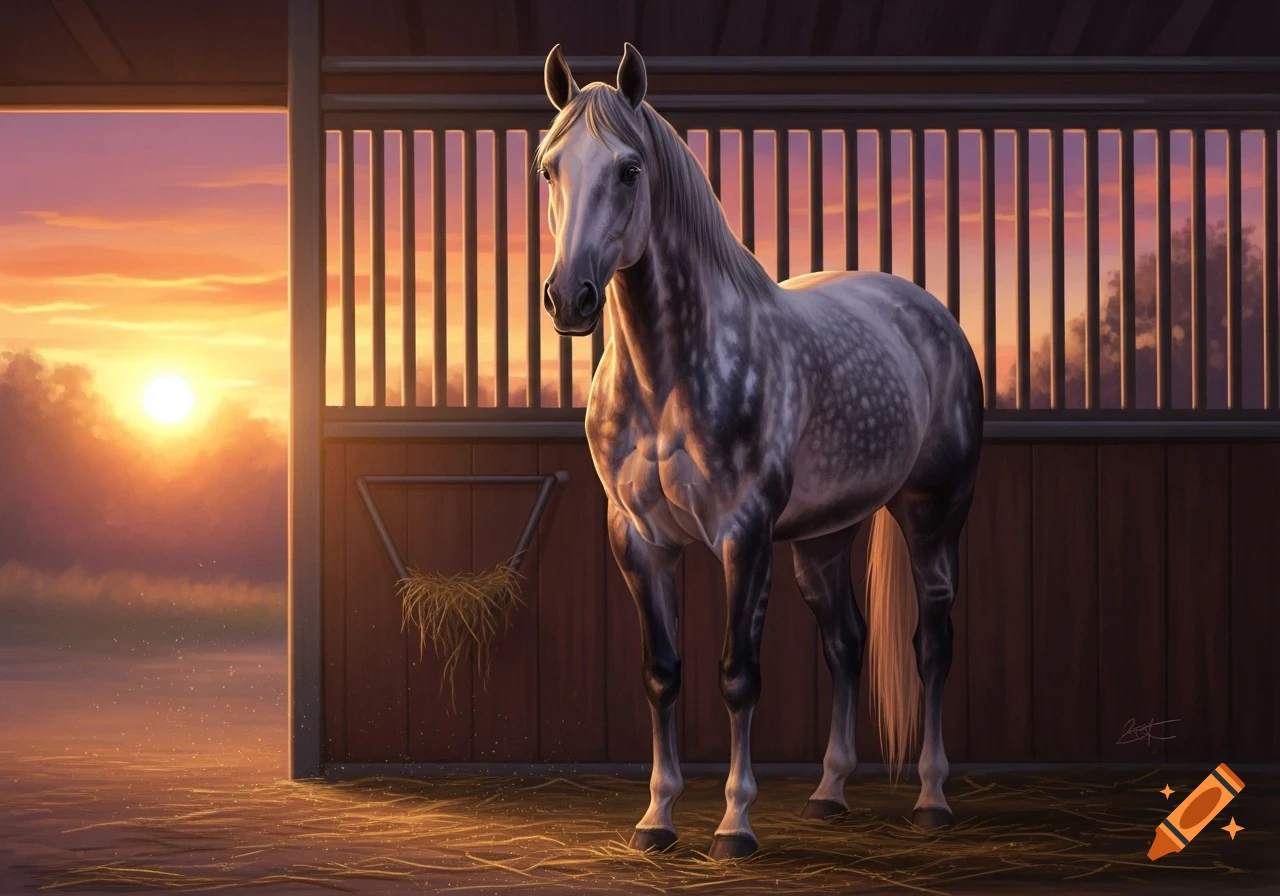A dappled gray horse stands in a stable, illuminated by the warm light of a sunset visible through the open stable door.