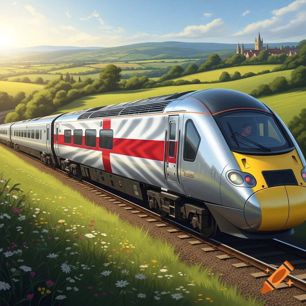 A silver train adorned with the England flag travels through a sunny, green countryside with rolling hills and wildflowers.