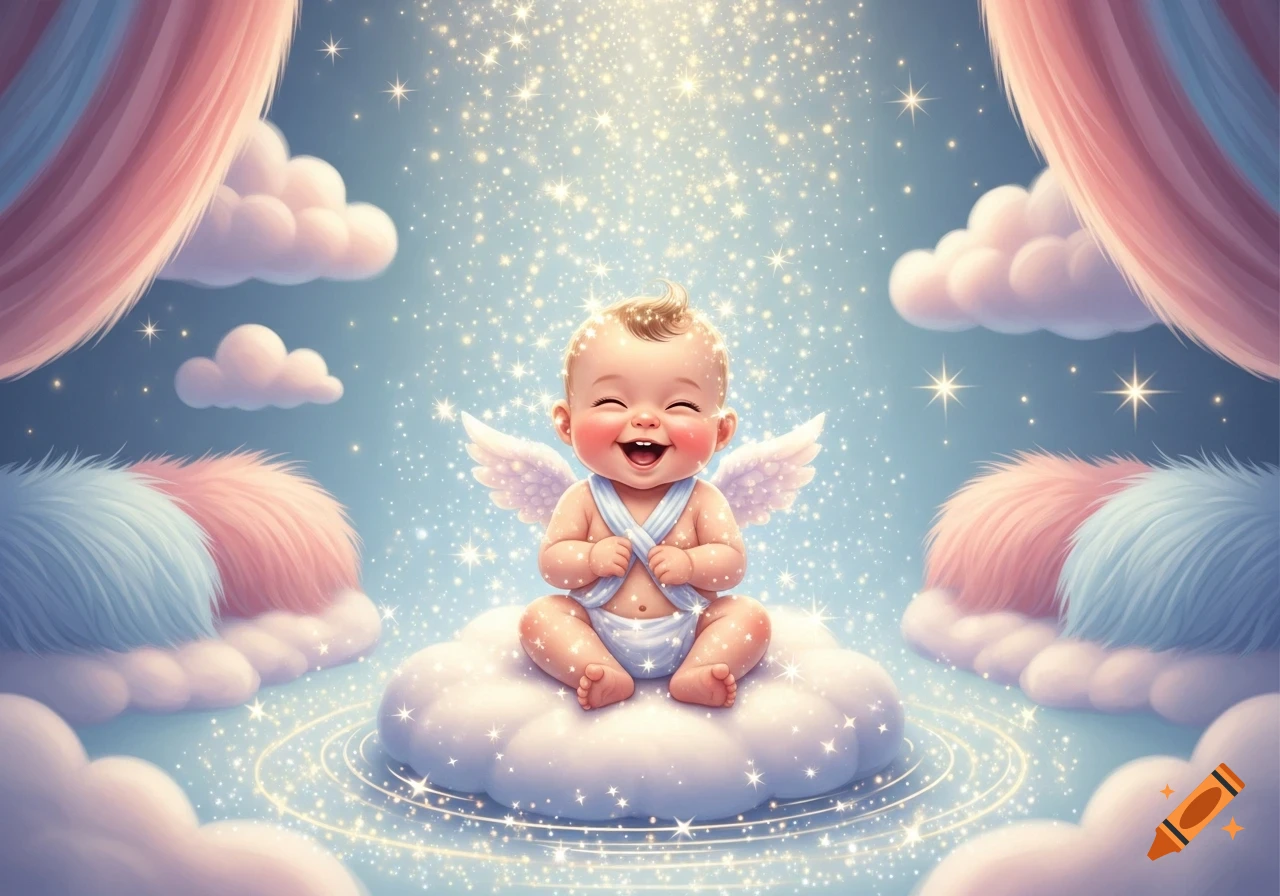 A smiling baby angel with wings sits on a fluffy white cloud amidst sparkling lights in a pastel sky.