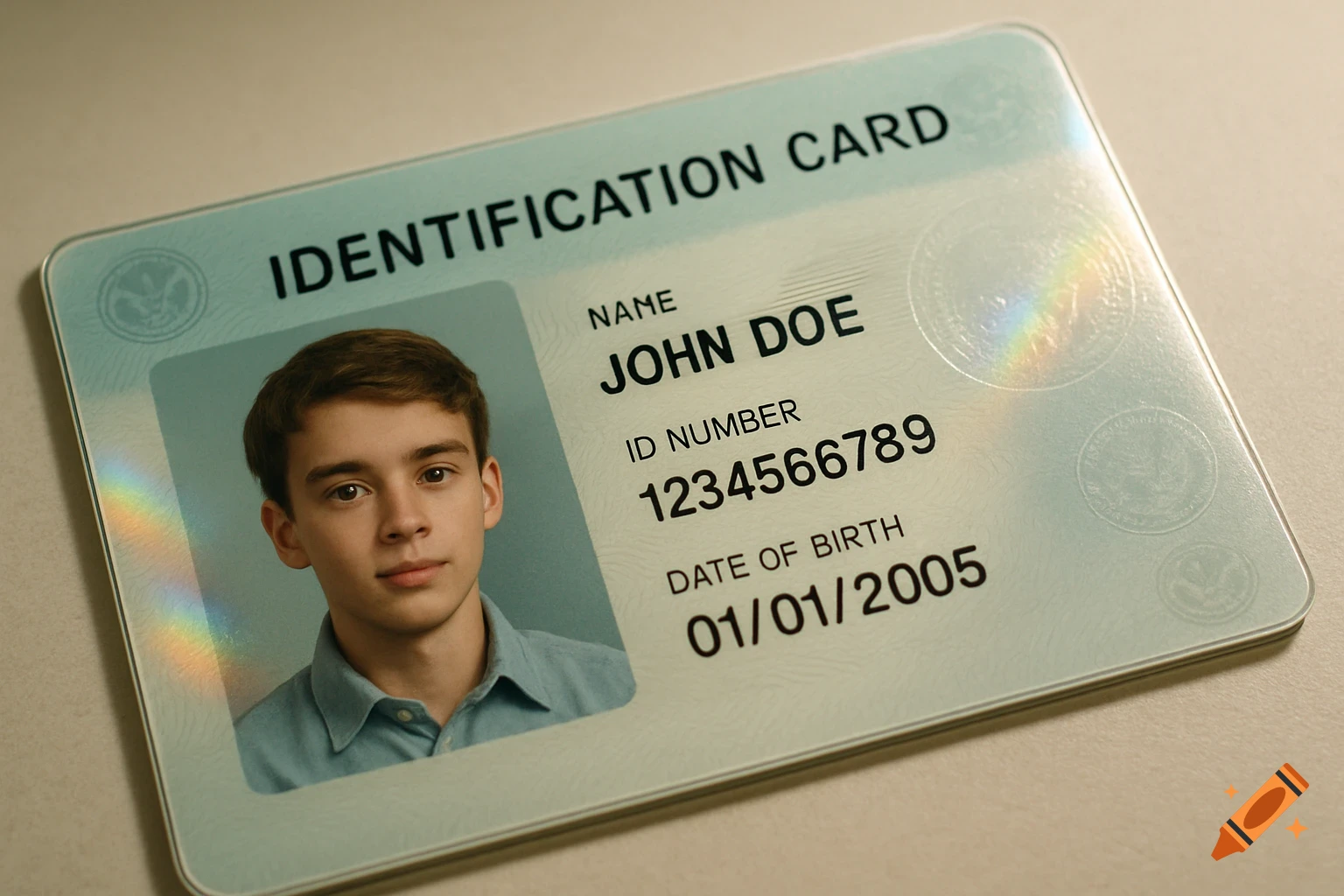 Photorealistic ID card for John Doe with a portrait of a young man, ID number, and date of birth 01/01/2005.