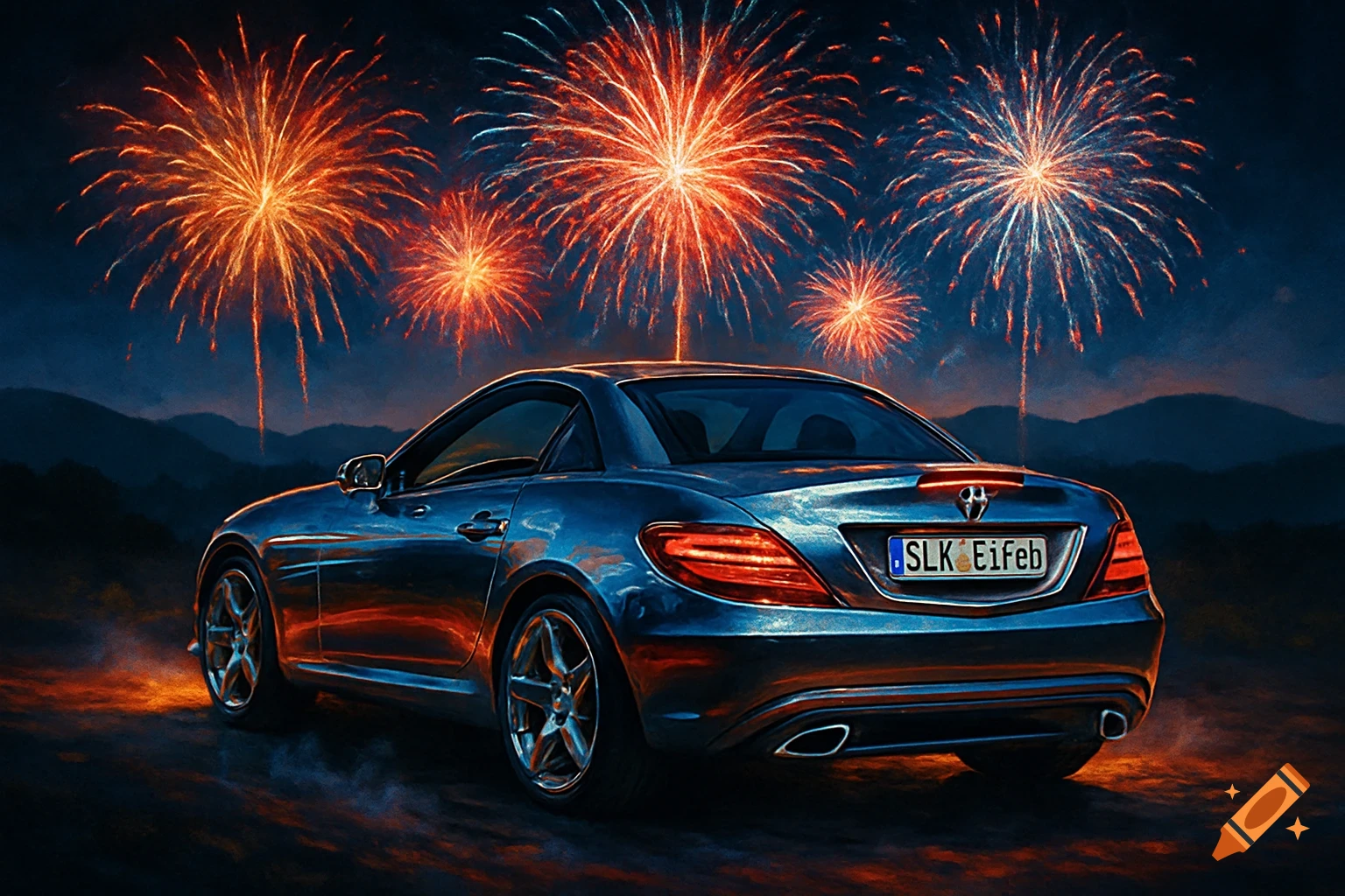 Blue sports car seen from the rear, with vibrant fireworks illuminating the night sky, digital art.