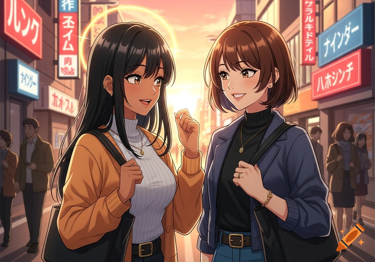 Two anime girls, one with long black hair, one with short brown hair, talk on a city street with shops at sunset.