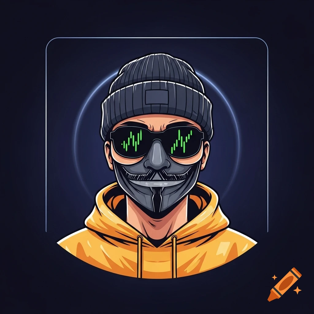 A stylized crypto avatar wearing a beanie, sunglasses with green chart lines, and an Anonymous mask, on a dark background.
