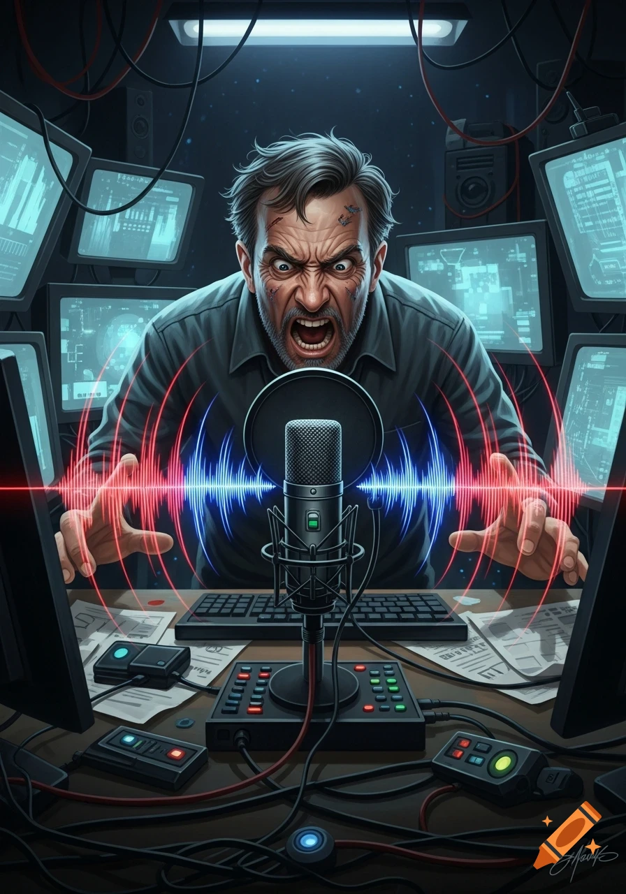 An angry man yells into a microphone with glowing sound waves emanating, surrounded by multiple computer screens and wires in a dark room.
