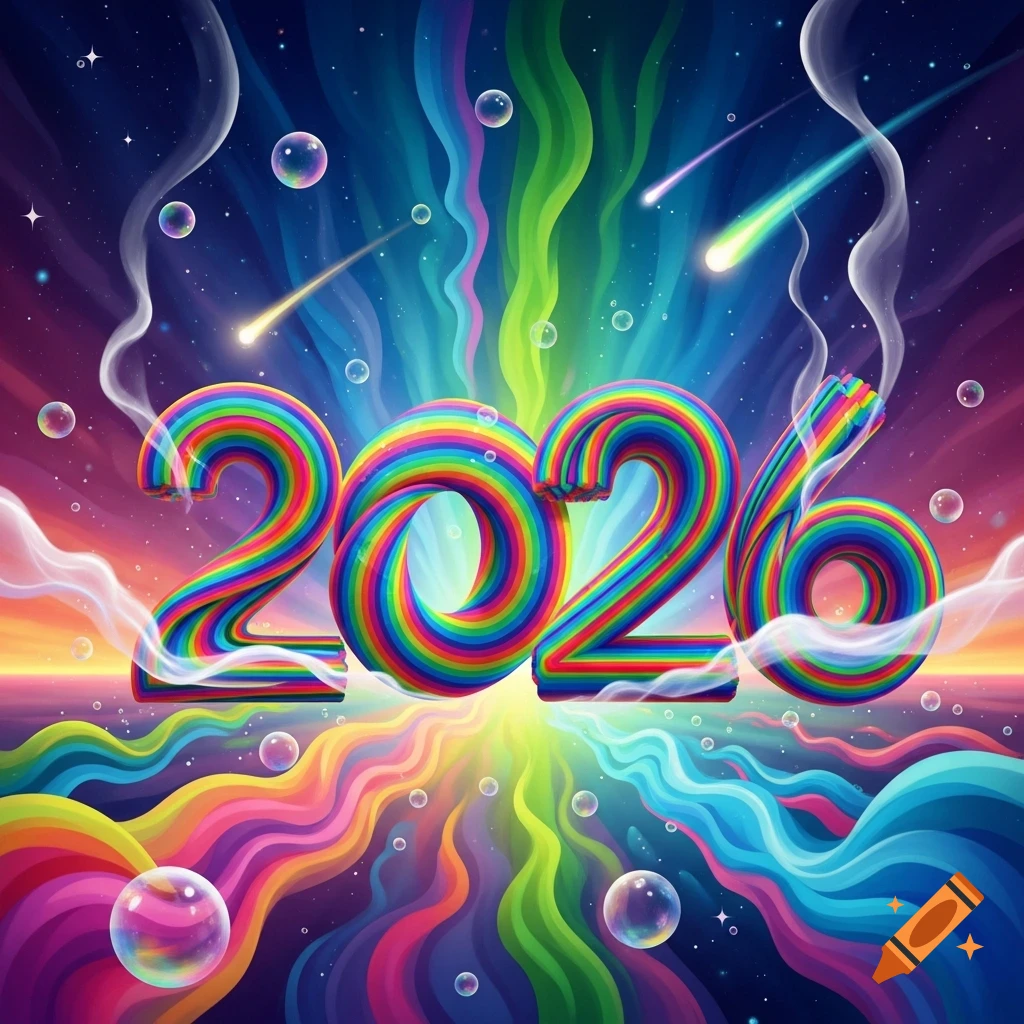 Vibrant psychedelic artwork of the number 2026 made from rainbow stripes, surrounded by swirling colors, stars, and bubbles.