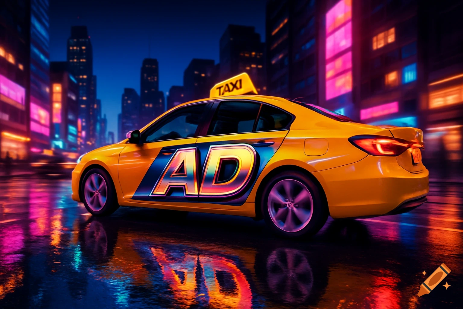 A vibrant yellow taxi with 'AD' on its side drives through a neon-lit city street at night, reflected on the wet ground.