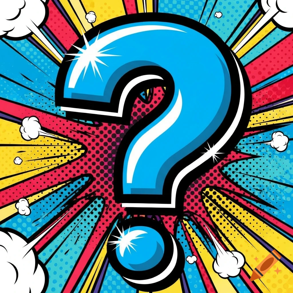 A vibrant blue question mark against a bright, colorful pop art background with comic book style speech bubbles and dot patterns.