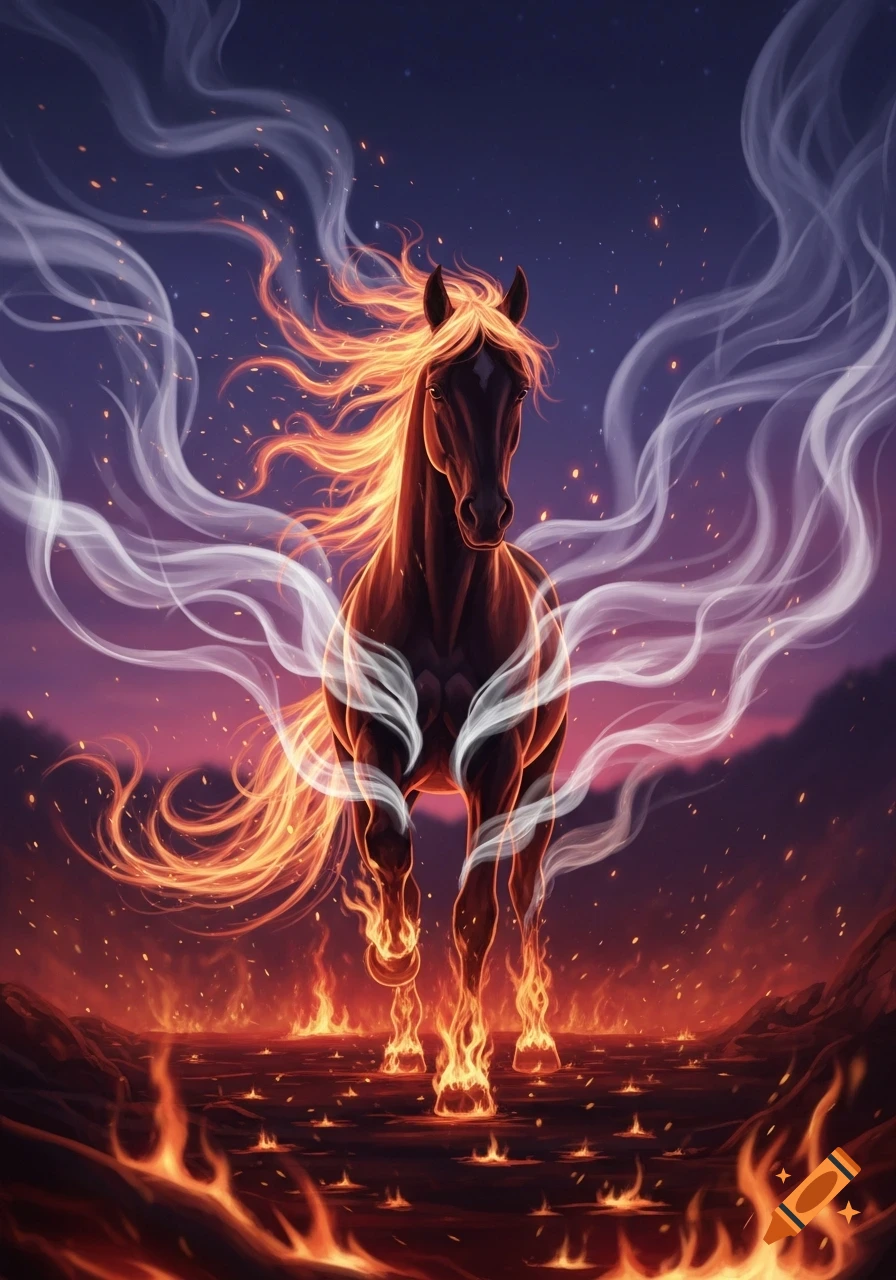 A majestic dark horse with a fiery mane and tail stands amidst flames and white smoke against a twilight sky, digital art.