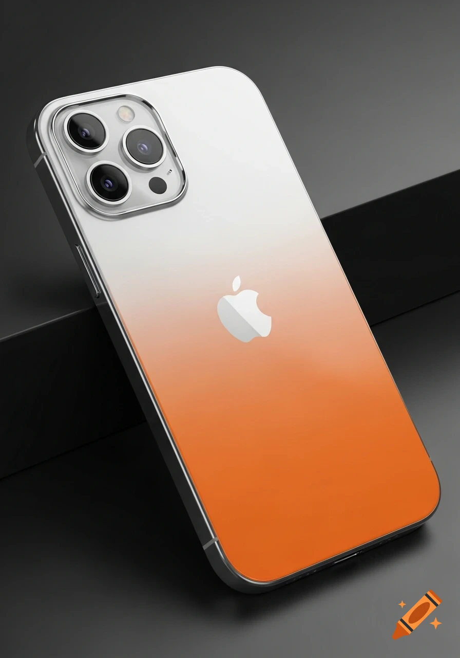 Photorealistic iPhone with a back that gradients from white to orange, featuring a silver frame and triple camera system.