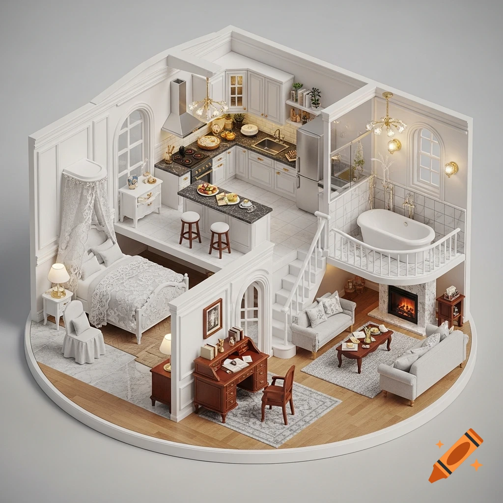 An isometric view of a detailed, white miniature dollhouse featuring a kitchen, bedroom, office, living room, and bathroom on a round platform.