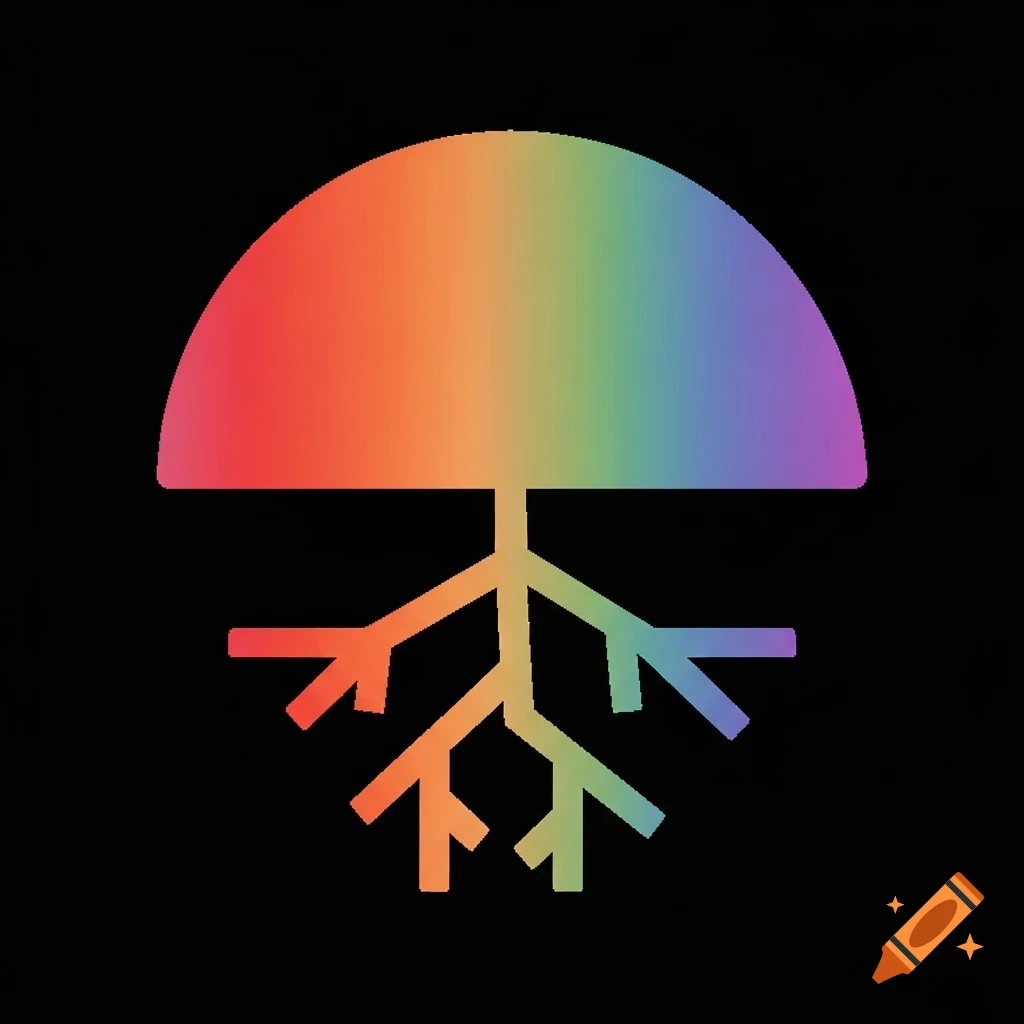 A geometric logo featuring a rainbow semi-circle with branching roots below, on a black background.