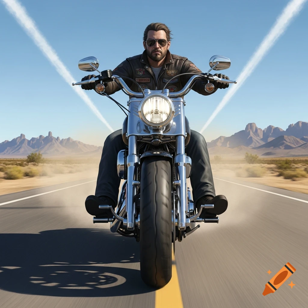A bearded man in a leather jacket and sunglasses rides a chrome motorcycle head-on down a desert highway with mountains in the background under a blue sky.