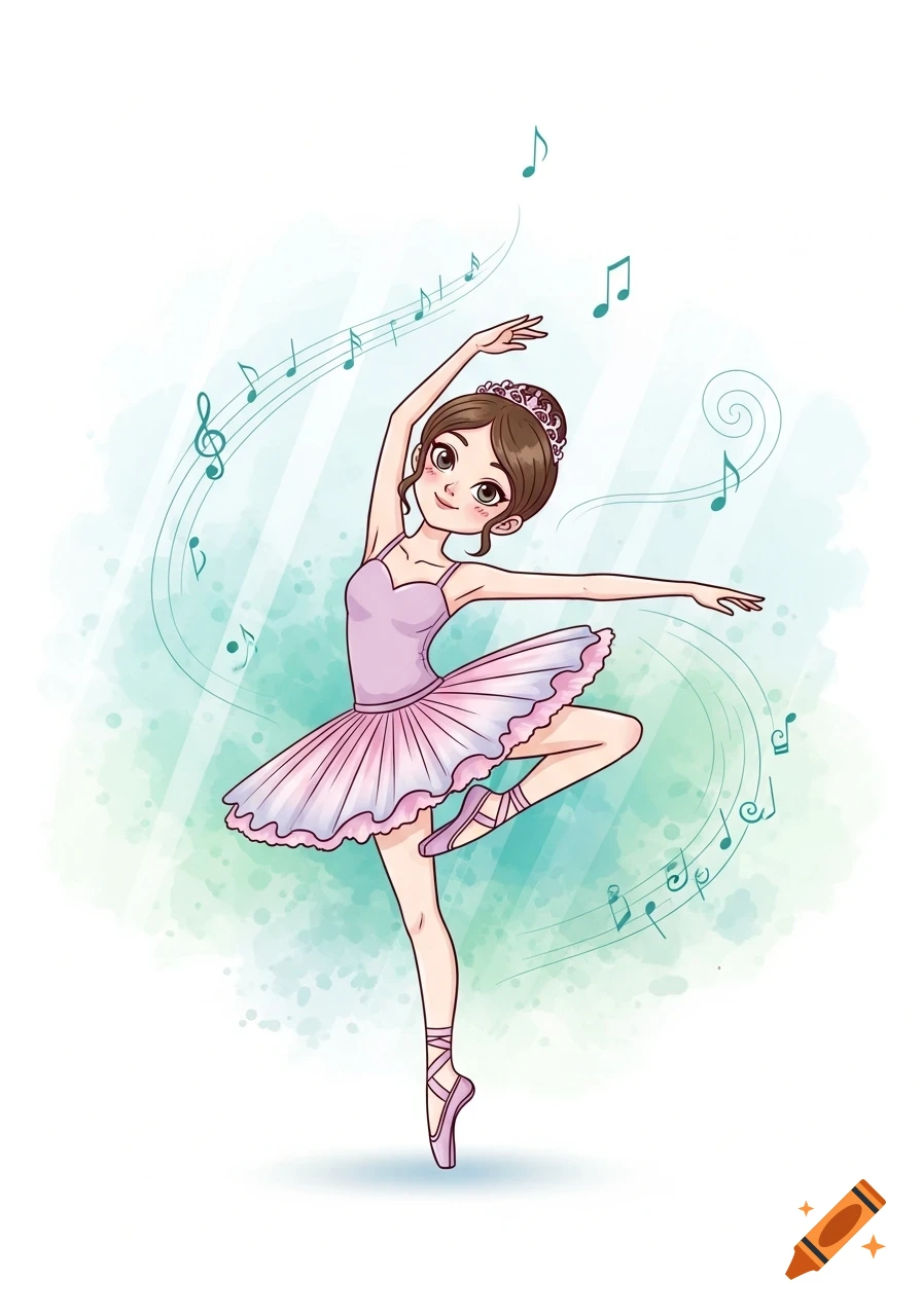 A cute cartoon ballerina in a pink tutu dances en pointe, surrounded by musical notes and a watercolor background.