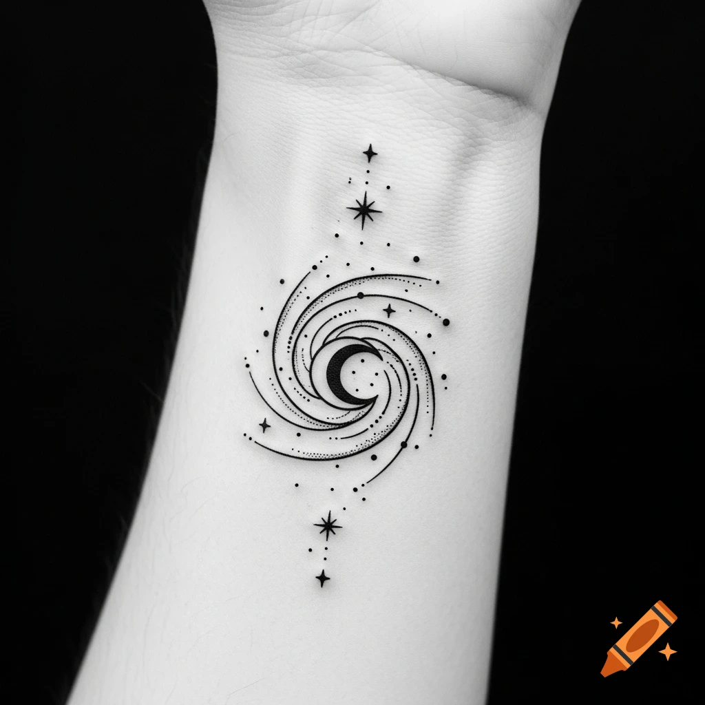 Minimalist black ink tattoo of a crescent moon within a galaxy spiral surrounded by tiny stars on a wrist.