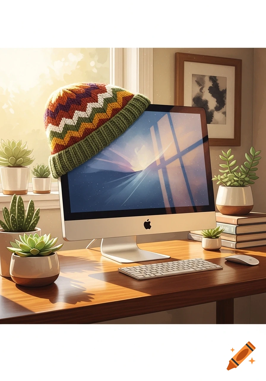 A colorful knit beanie rests on an Apple iMac screen on a wooden desk, surrounded by several potted succulent plants and books, bathed in warm sunlight from a window.