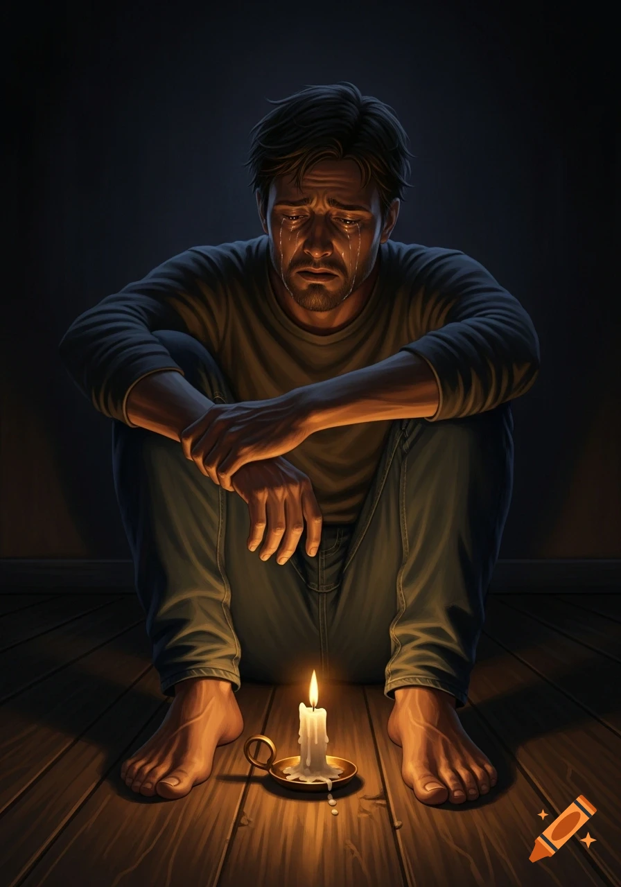 A man with tears streaming down his face sits barefoot on a wooden floor in the dark, illuminated by a single burning candle.
