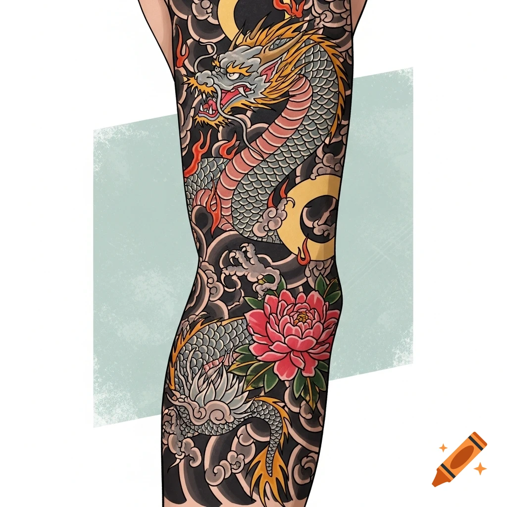 A vibrant Japanese Irezumi-style tattoo featuring a detailed dragon with red and gold accents, a red peony flower, and dark waves on a limb.