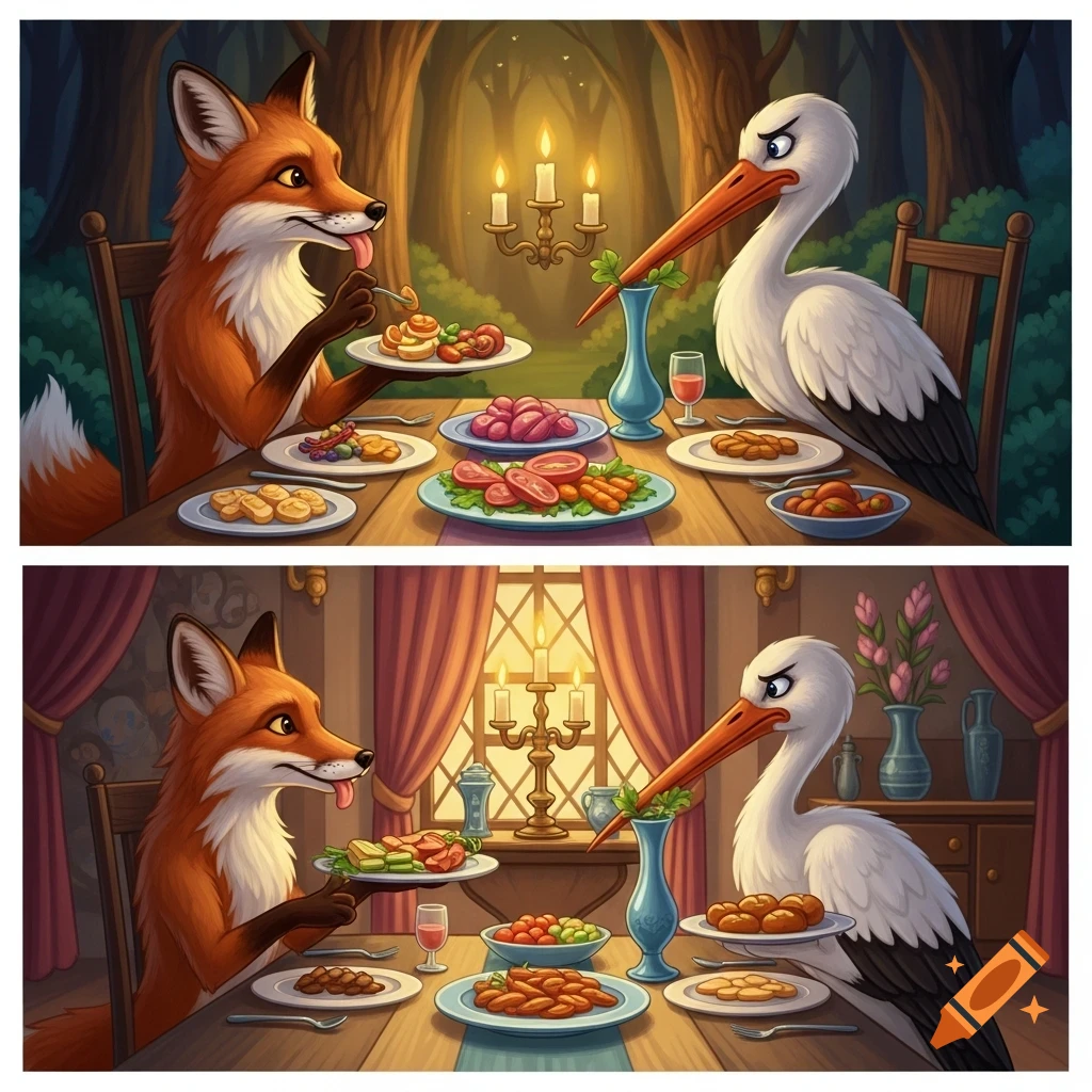 A two-panel illustration depicting the fable of the Fox and the Stork. In the first panel, the fox eats happily from a shallow dish while the stork looks frustrated. In the second, the stork eats from a tall vase while the fox looks frustrated.