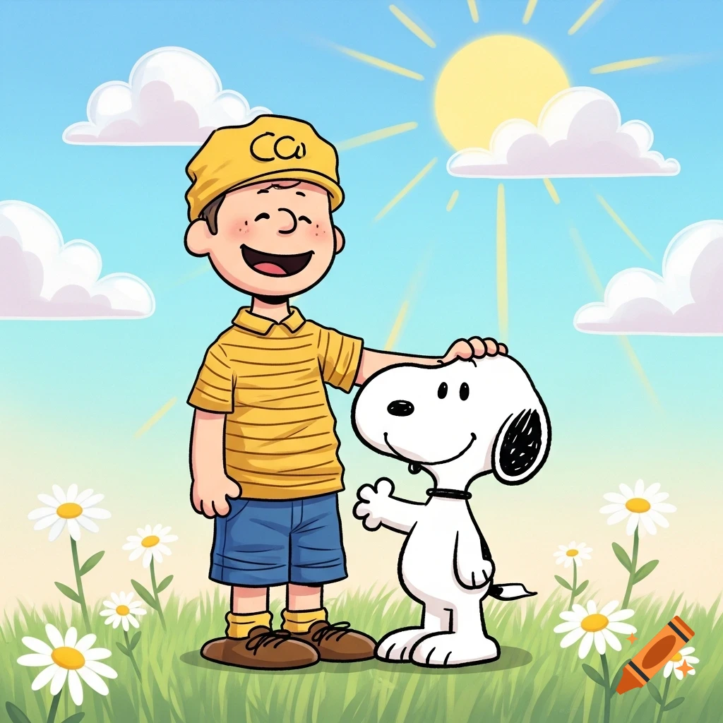 Cartoon of a boy resembling Charlie Brown in a yellow shirt and hat petting Snoopy in a sunny grassy field with daisies.