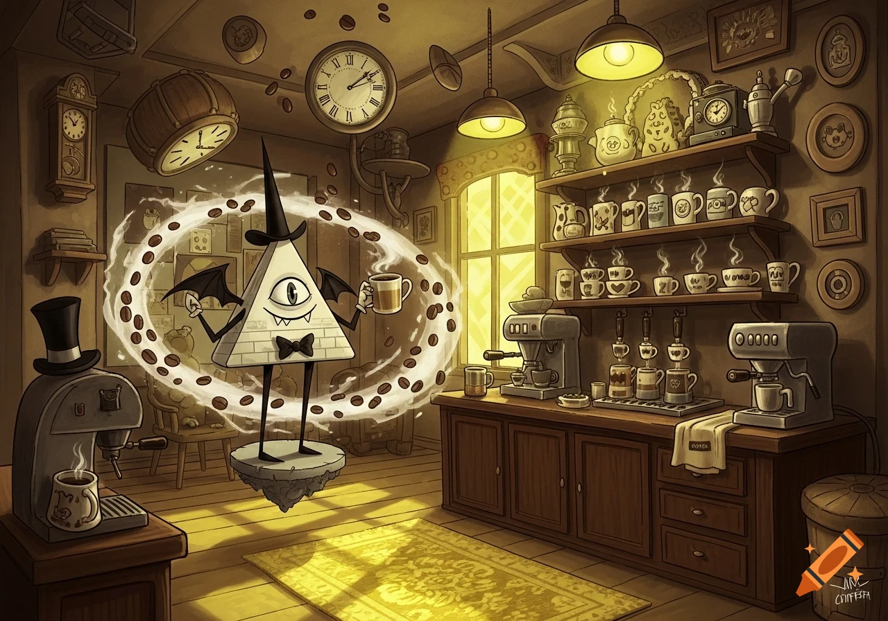 Cartoon Bill Cipher floats in a warm, detailed coffee bar, holding a mug surrounded by swirling coffee beans, with espresso machines and shelves of mugs.