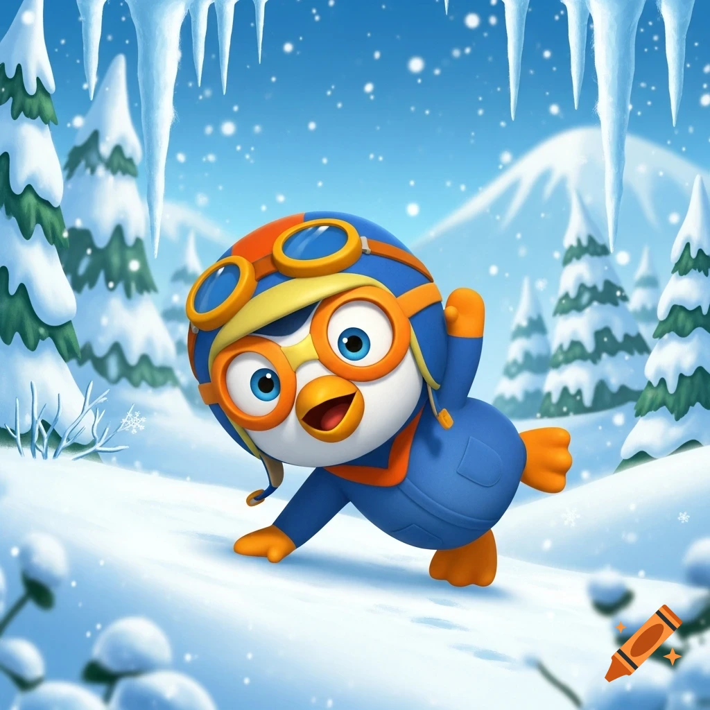 Cartoon penguin Pororo in blue and orange winter gear slides down a snowy hill with trees and icicles.