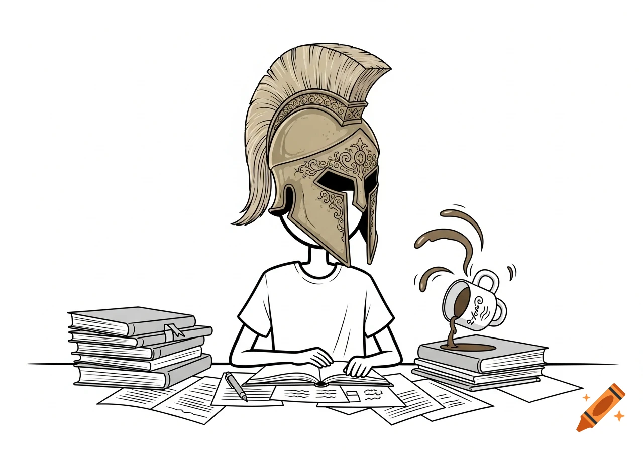 A stick figure wearing a Spartan helmet studies at a messy desk with piles of books, while coffee spills dramatically from a tipped cup.