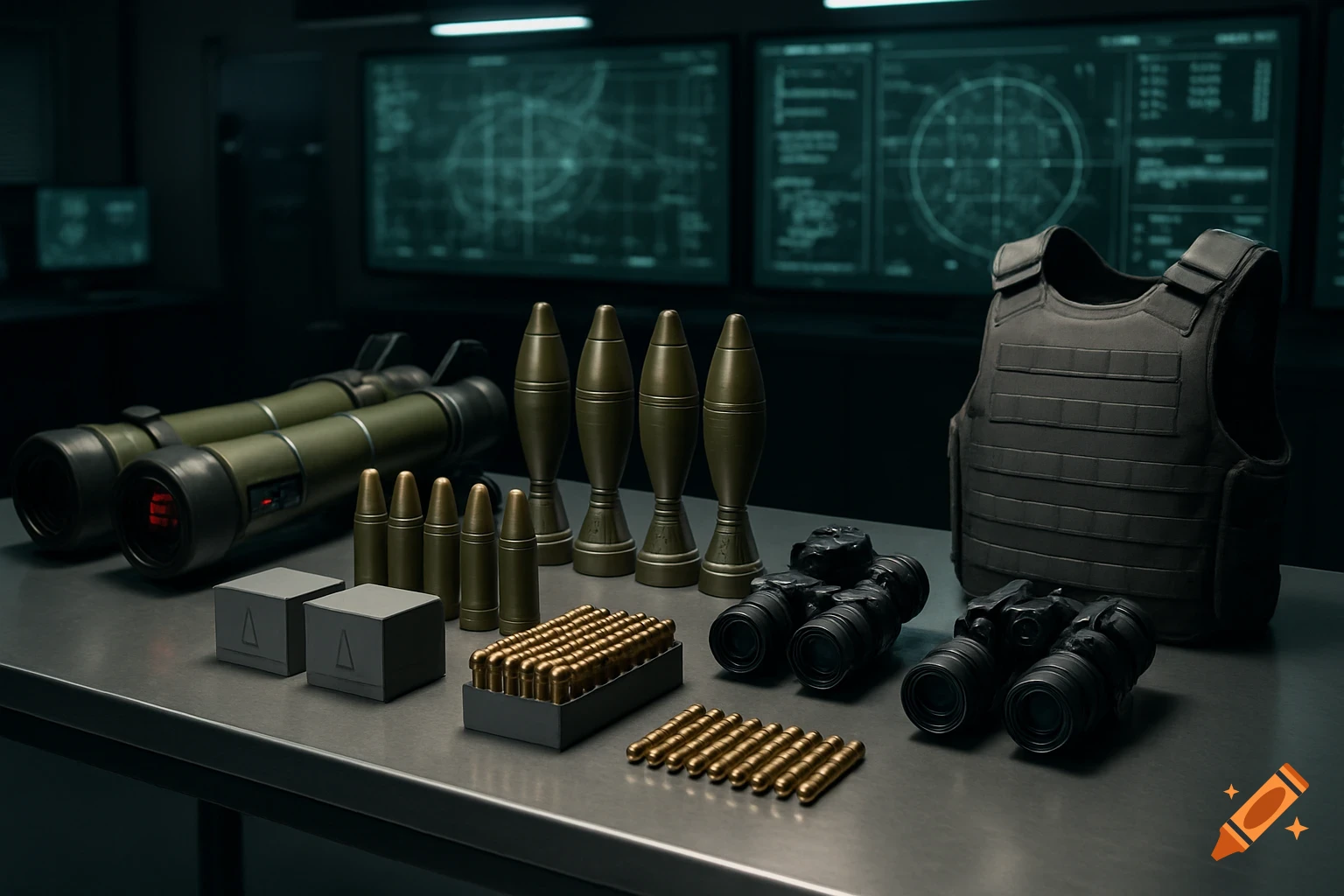 Photorealistic image of military equipment: anti-tank missiles, mortar rounds, ammunition, night vision goggles, and body armor on a table in a command center.