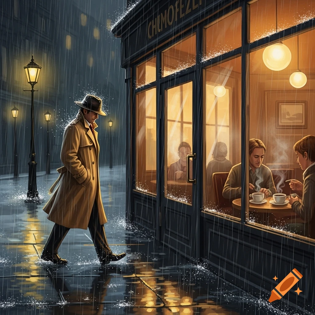 A man in a trench coat walks past a warm cafe on a rainy city street at night, reflected in puddles.
