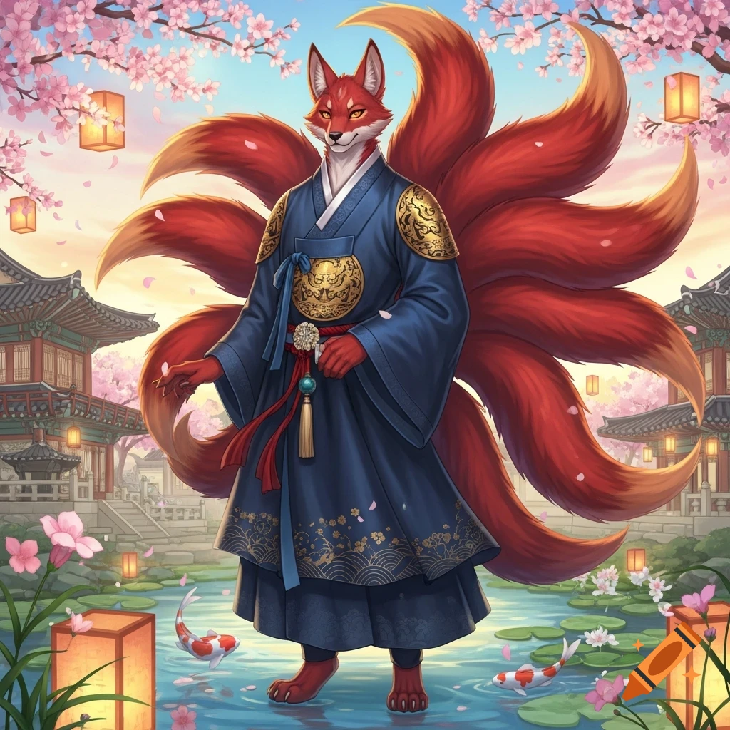 A red-orange furred kitsune in a blue Korean hanbok stands in a pond with koi fish, surrounded by cherry blossoms and traditional buildings.