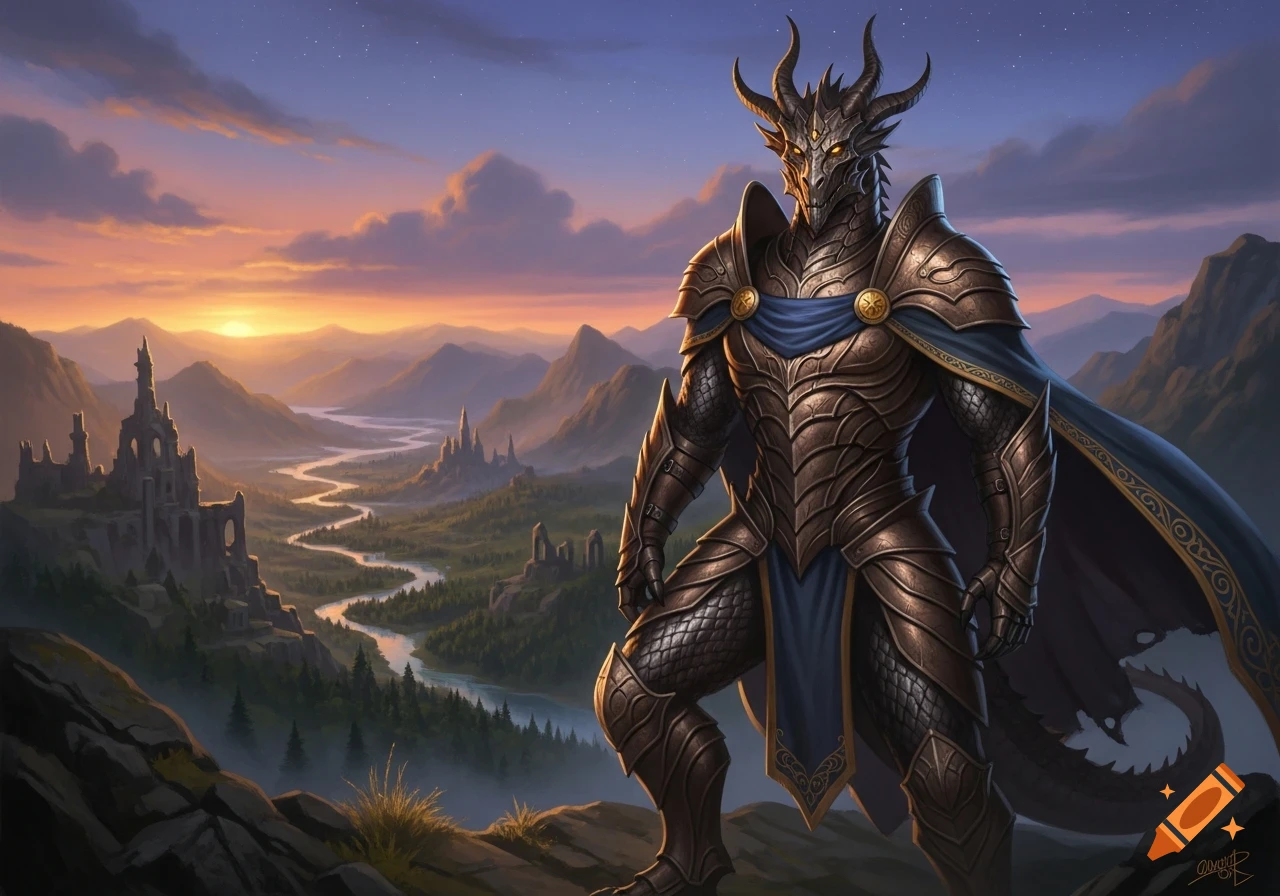 Bronze dragonborn in ornate armor on a cliff overlooking a fantasy landscape with mountains, a river, and castles at sunset.