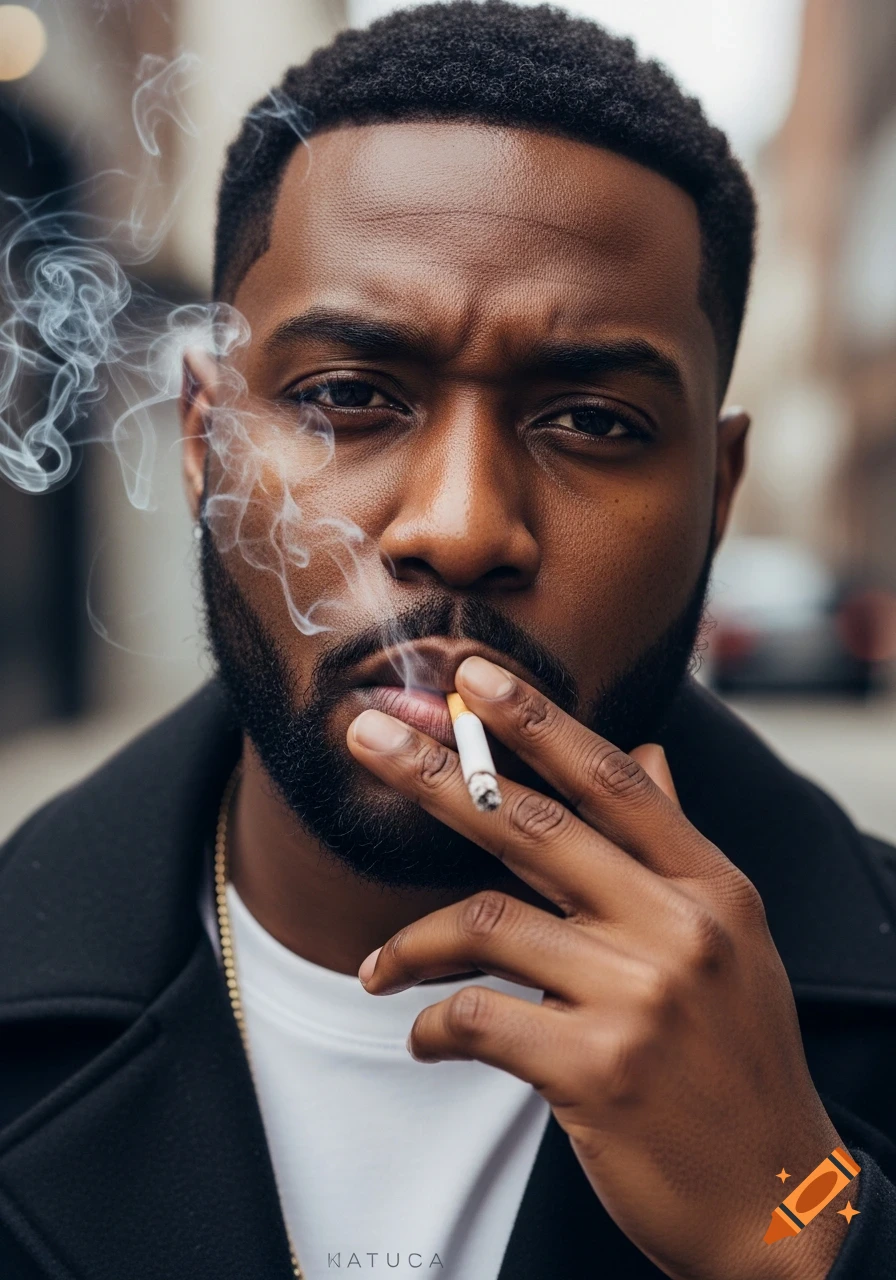 Close-up photorealistic portrait of a Black man smoking a cigarette, with smoke swirling around his face.