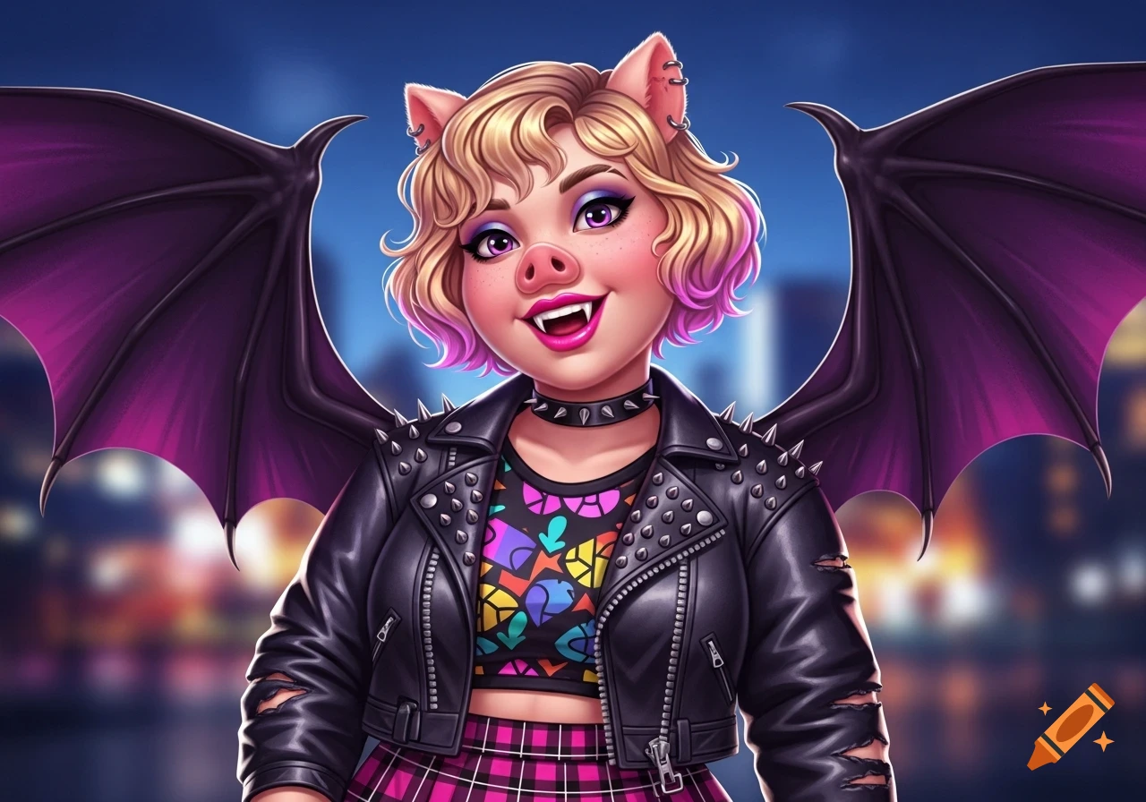 A cartoon anthropomorphic pig girl with blonde hair, fangs, and purple bat wings wears a studded leather jacket and plaid skirt.
