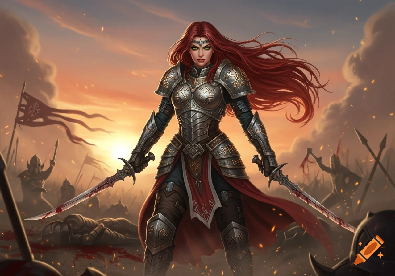 Red-haired female warrior in ornate armor holding two blood-stained swords on a battlefield at sunset.