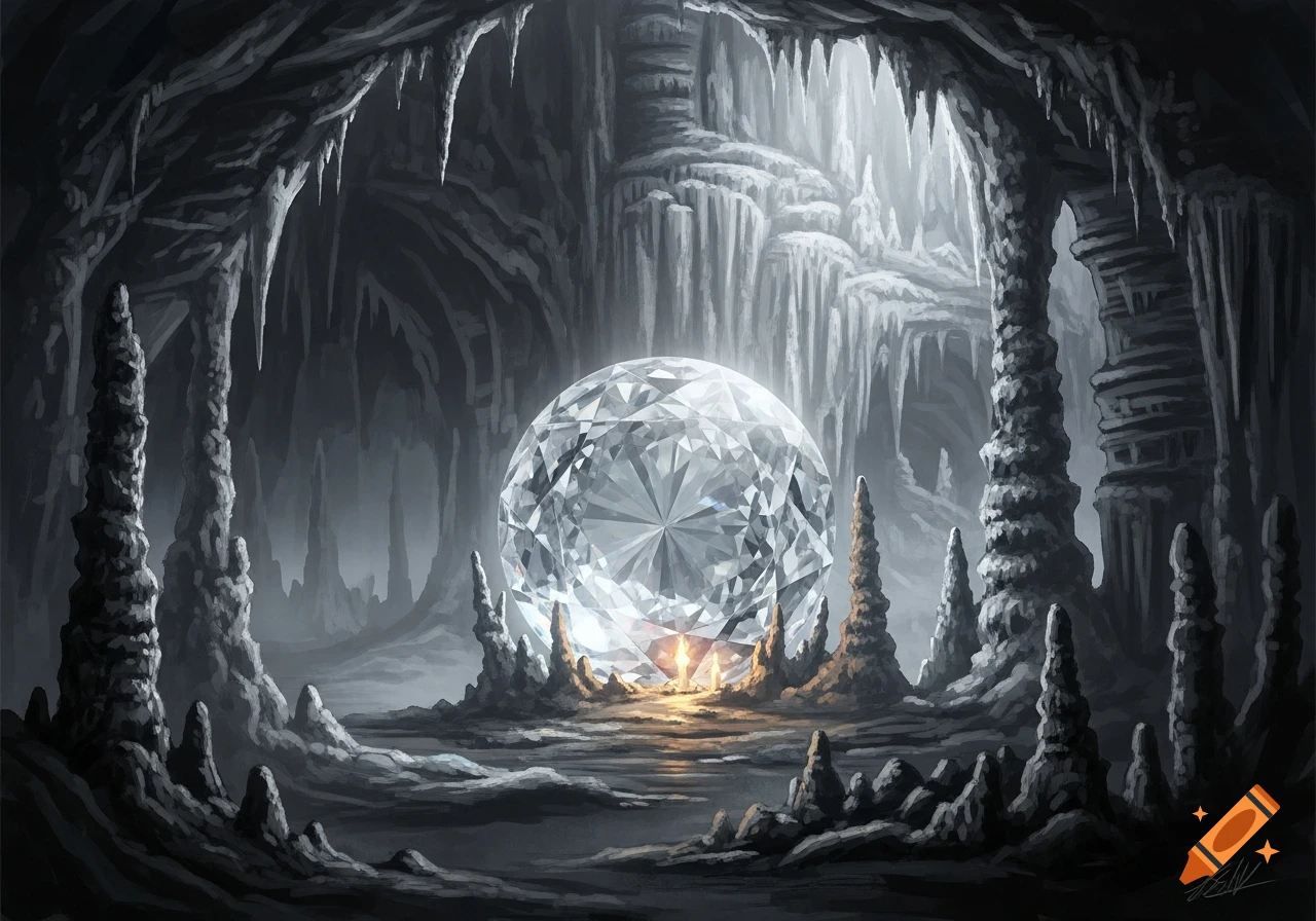 A large, glowing, round faceted crystal stands in the center of a dark, mysterious cave with stalactites and stalagmites, in a fantasy art style.