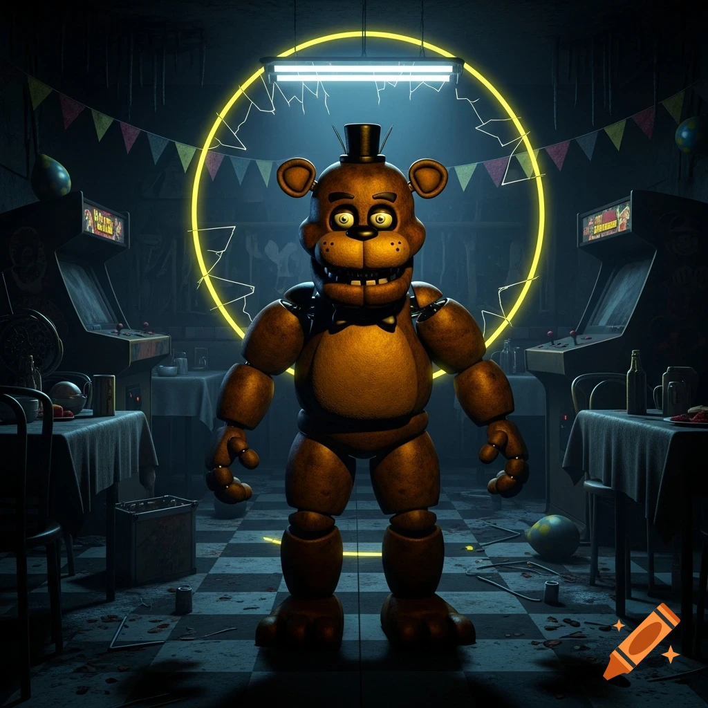 A menacing animatronic bear, Freddy Fazbear, stands in a dark, abandoned arcade with neon lights.