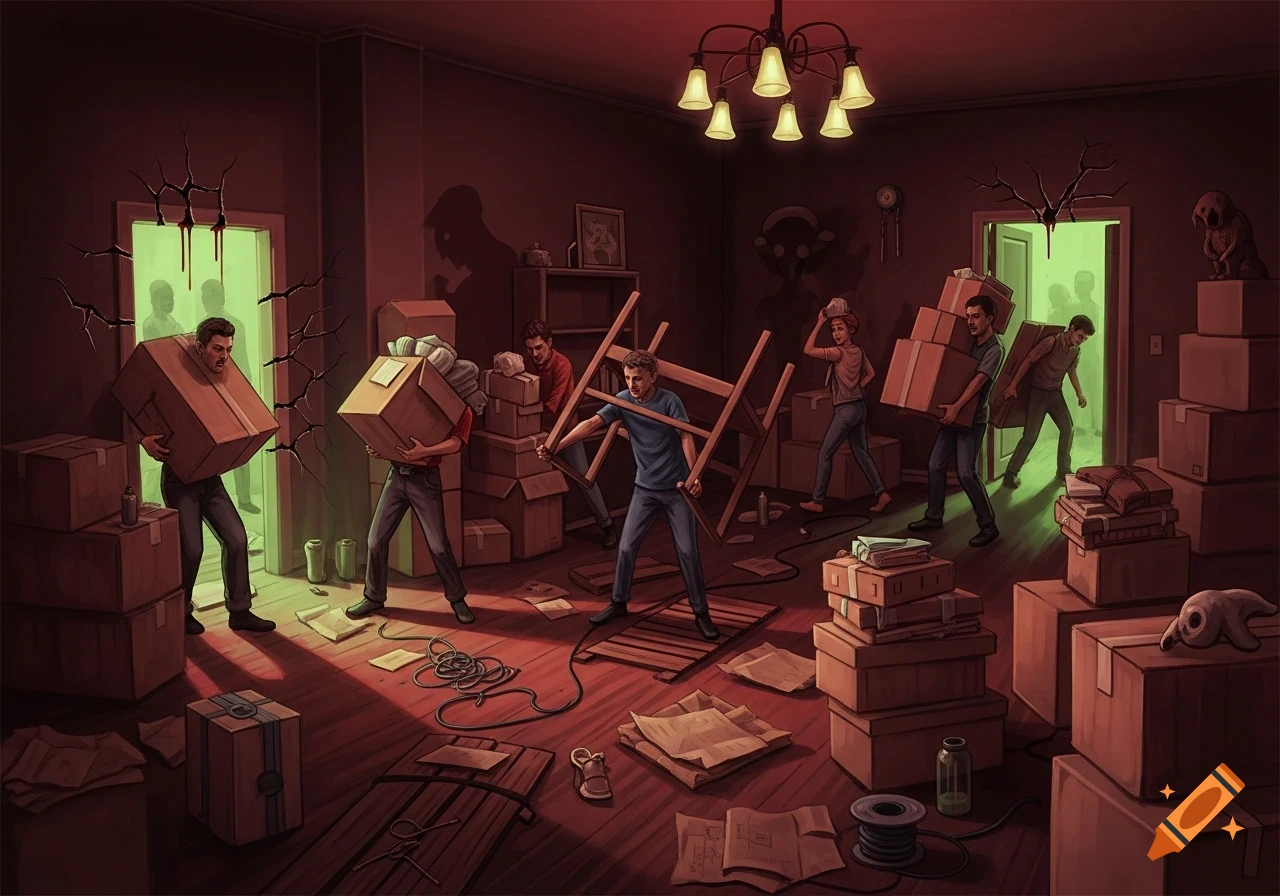 An illustration of a chaotic, horror-themed moving day scene with several people struggling to carry boxes and furniture through a room with dark red lighting and green glowing doorways. Ominous shadows loom on the walls.