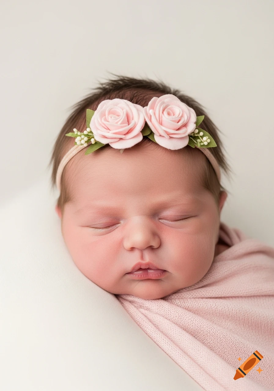 Sleeping newborn baby girl wearing a pink floral headband, wrapped in a pink blanket, on a white background, photorealistic.