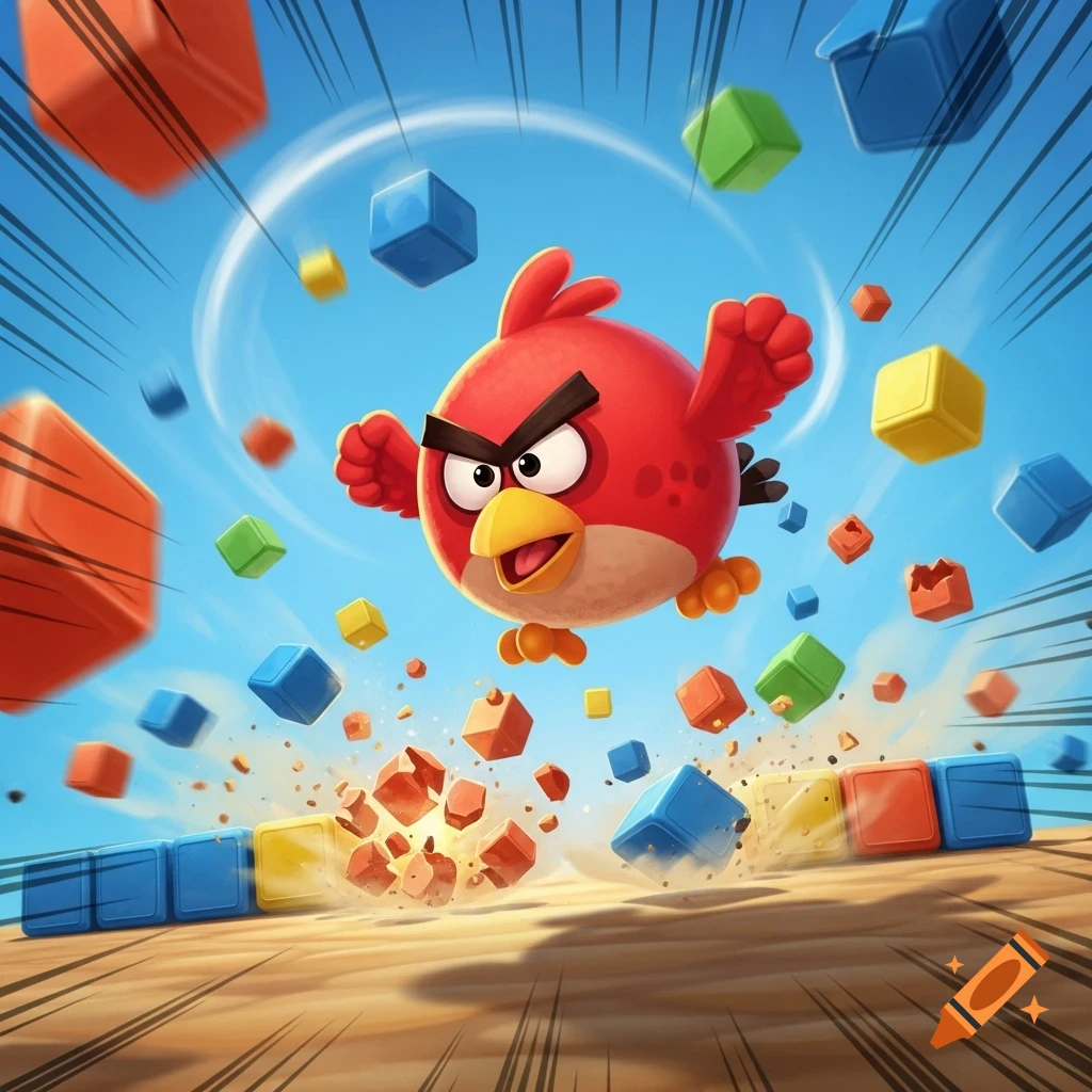 A cartoon red Angry Bird character flies through the air, breaking apart colorful building blocks into rubble. The sky is bright blue.