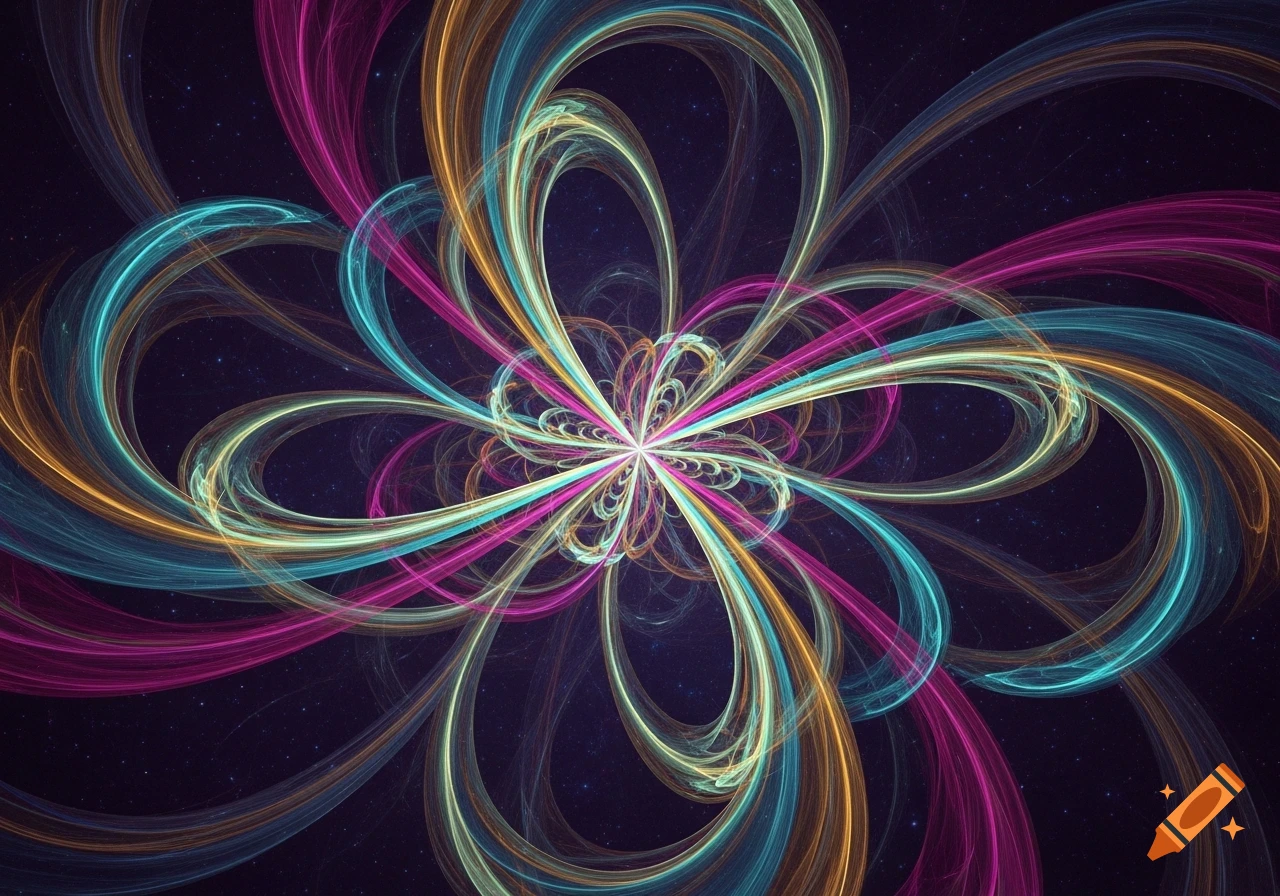 Abstract pattern of swirling, glowing lines in teal, pink, orange, and yellow radiating from a center on a dark background.