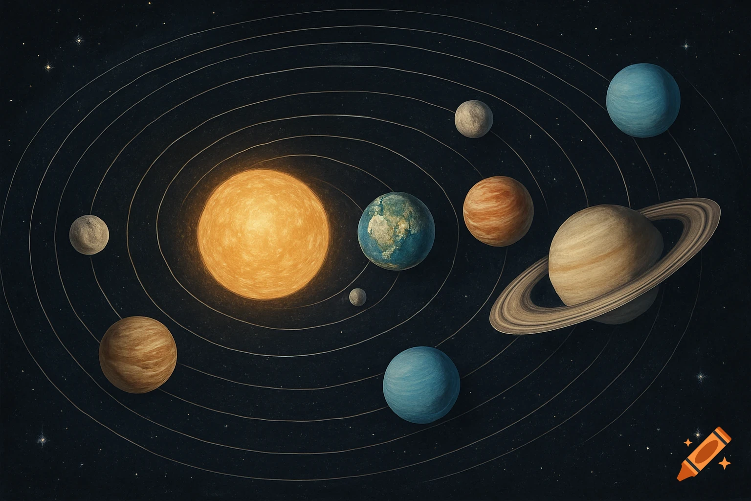 Stylized illustration of the solar system with the sun at the center, surrounded by planets orbiting on concentric paths against a starry dark background.