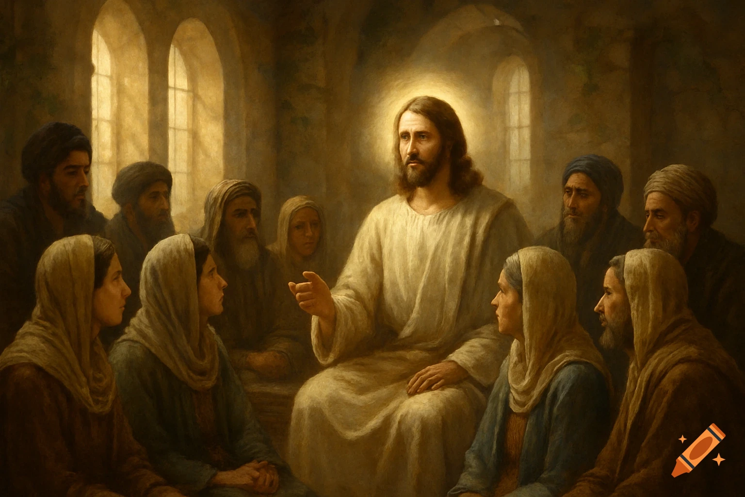 Jesus, radiating light, speaks to a group of men and women in a candlelit room, in the style of an oil painting.