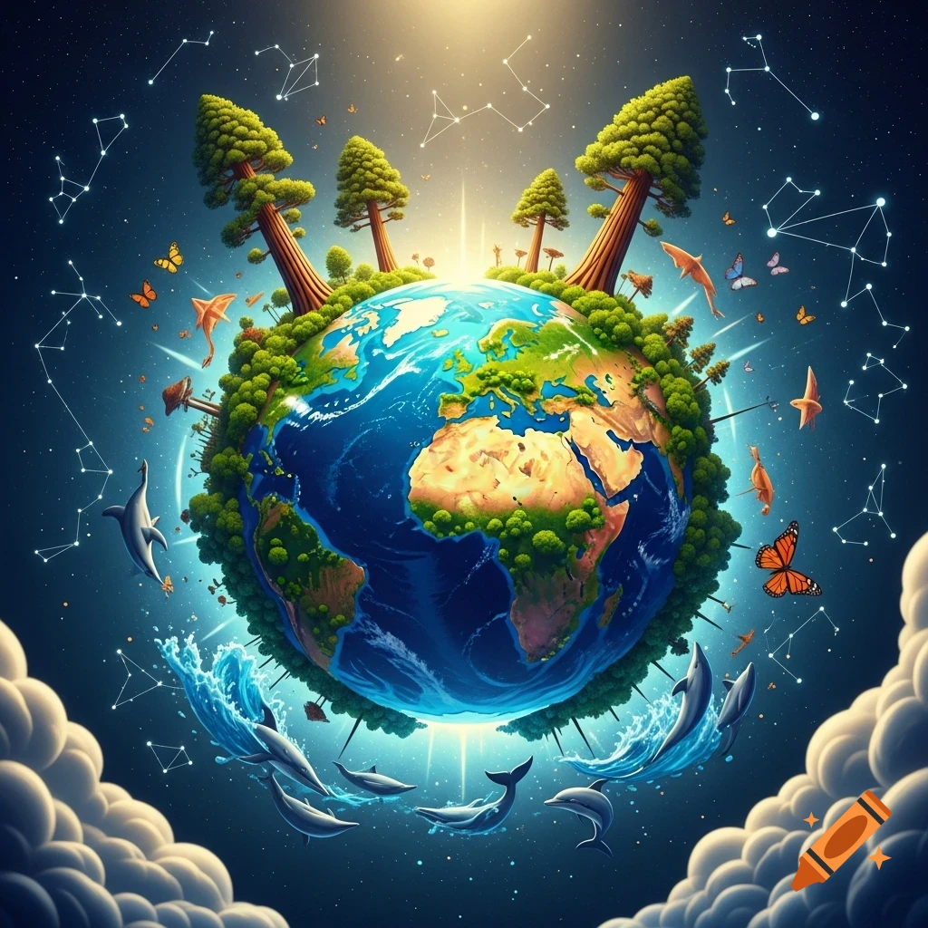 Vibrant, stylized Earth with trees, animals, constellations, and clouds in a starry sky.